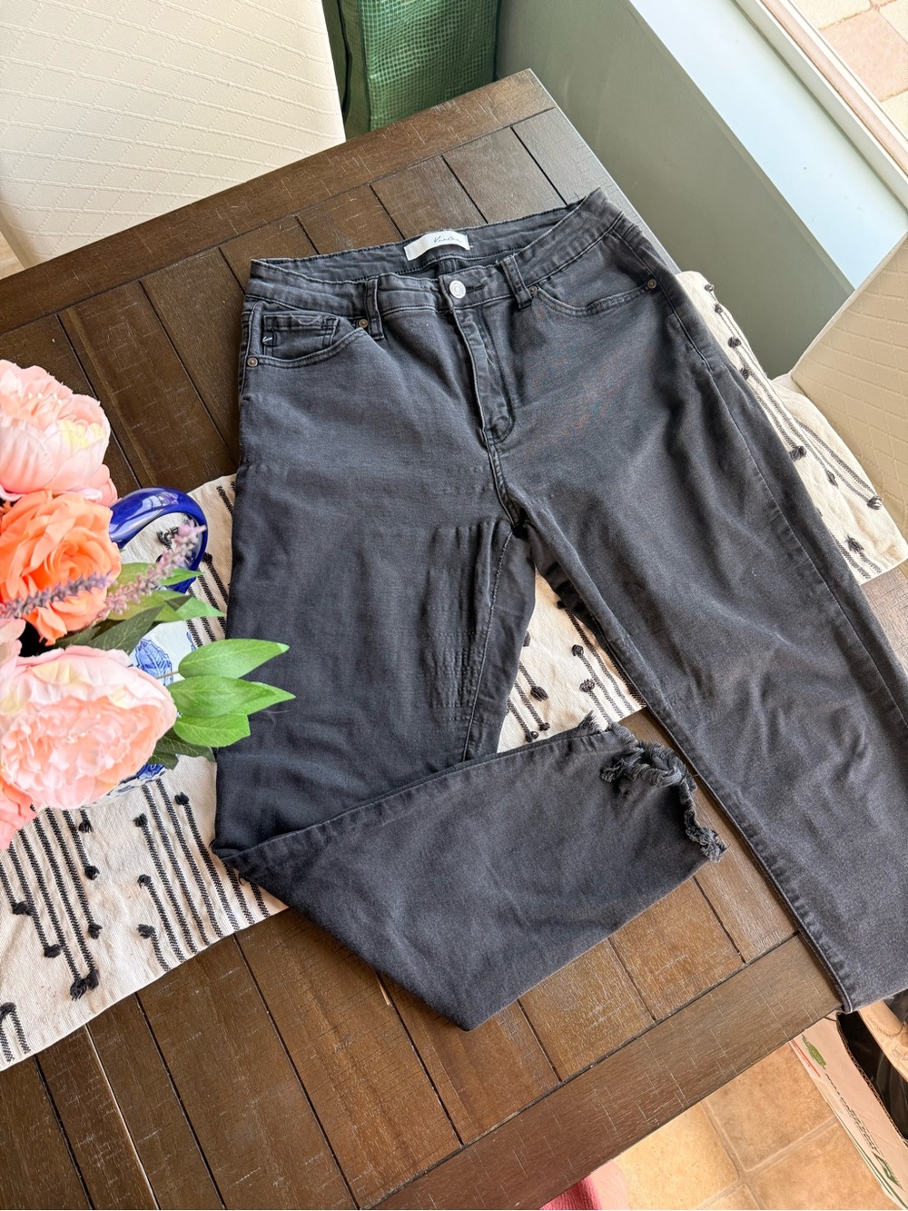 KanCan Straight Leg Black Washed Jeans with Distressed Hem